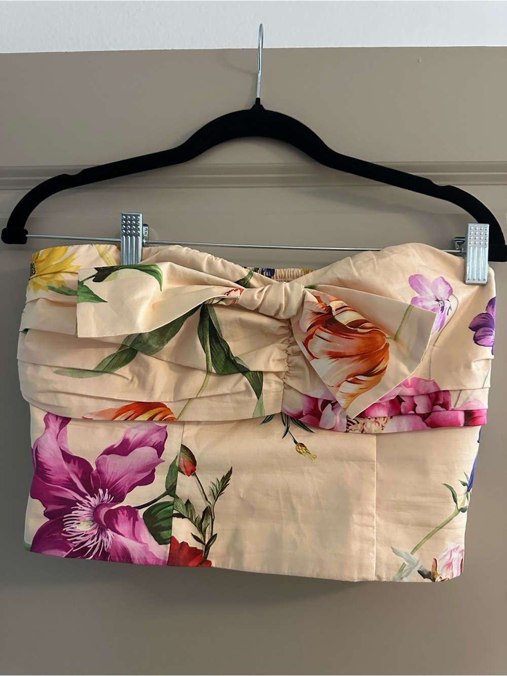 Express Yellow Strapless Floral Crop Top with Purple and Green Accents